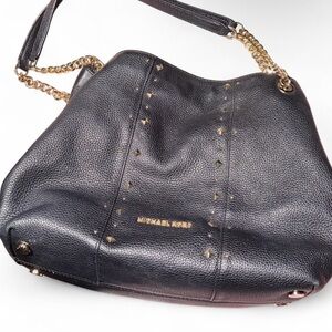 Michael Kors Black Pebbled Leather Shoulder Bag with Gold Accents
